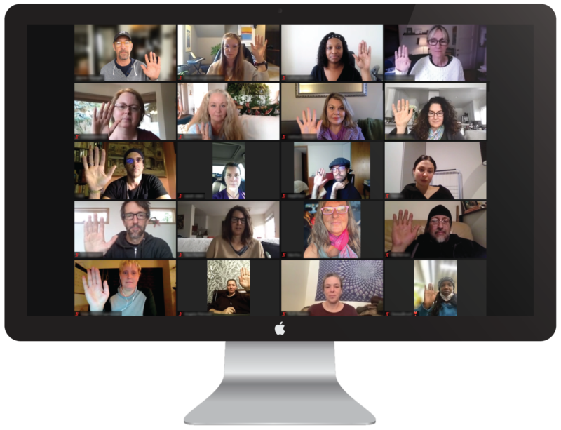 Group of people with hands raised on computer screen